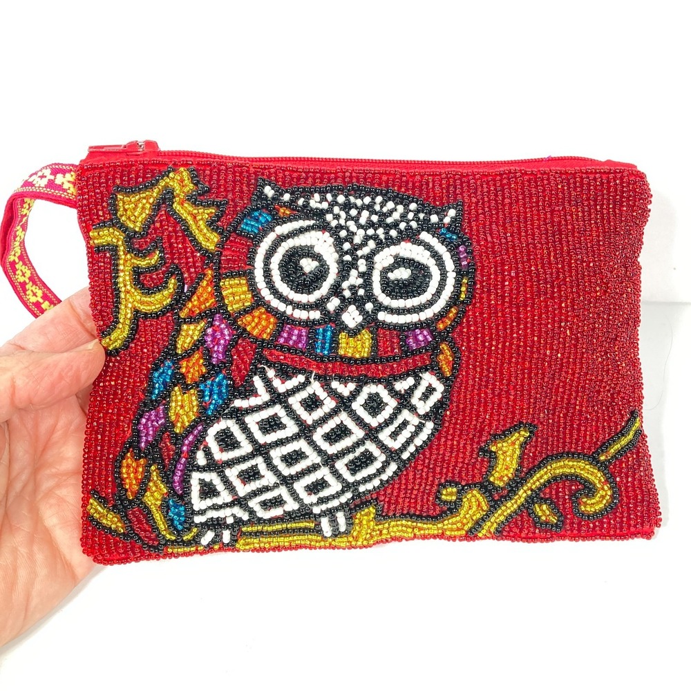 Owl Beaded Wristlet Small Bag Purse Zipper Closure Lined 7x5 Inches Colorful - Picture 2 of 9